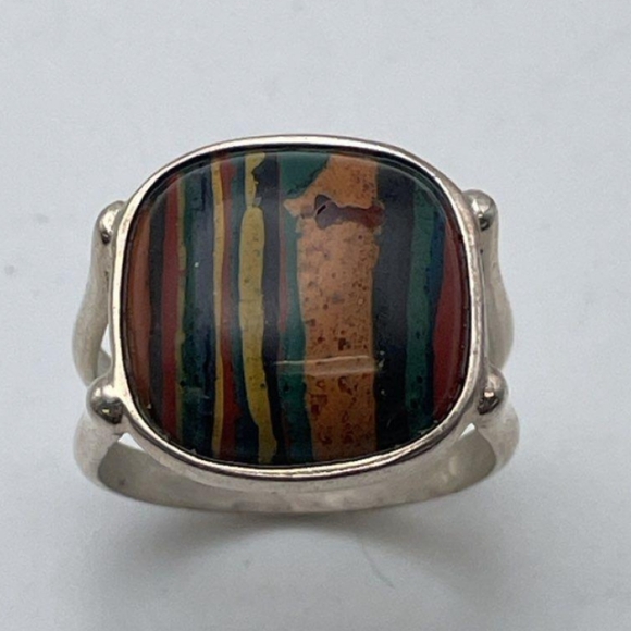 Sterling Silver JAY KING DTR Rainbow Calsilica Cabochon Square Ring Size 9 - Picture 5 of 12